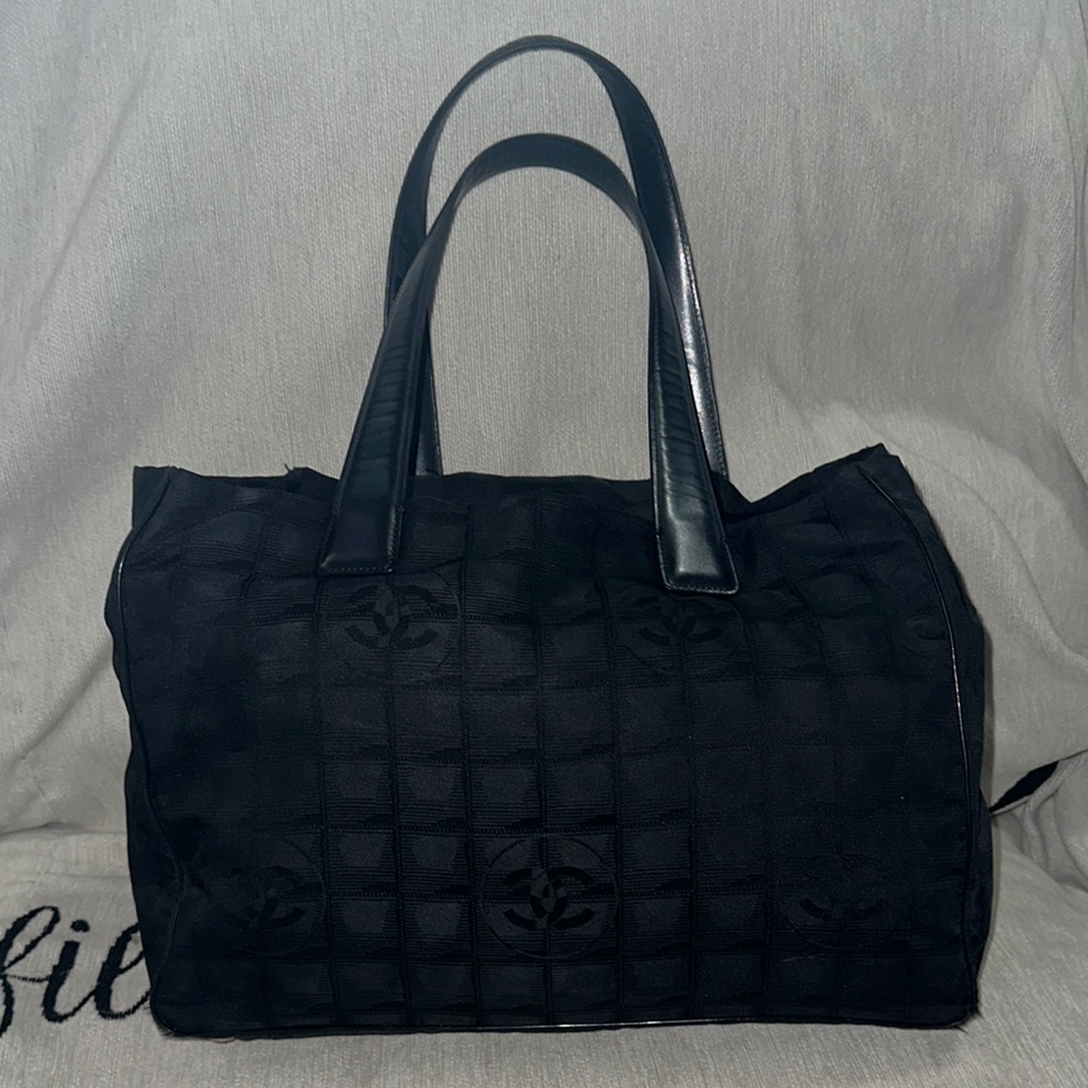 Chanel Black vintage Travel line Nylon canvas leather tote